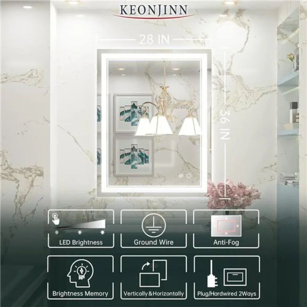 LED Bathroom Mirror with Lights, 28 x 36 Inch Front Lighted Vanity Mirror, HD